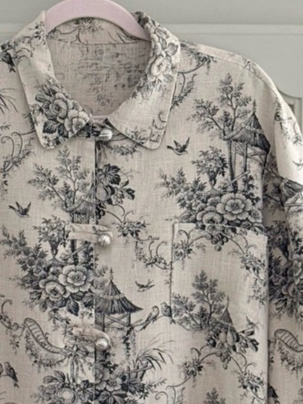 Vintage Jessica Howard Linen Toile de Jouy Jacket | Natural Black |Large Petite